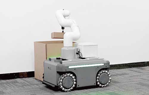 Robot mobile myAGV Pro avec bras manipulateur transportant une boîte