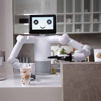 Robot humanoïde Mercury X1 à deux bras avec écran facial en cuisine
